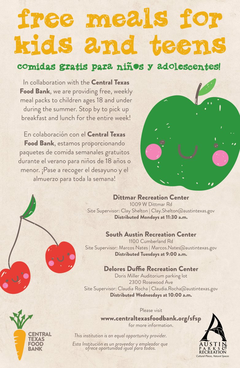 We're partnering with <a href="/AustinCityParks/">Austin Parks & Rec</a> to provide free, weekly meal packs to kids 18 &amp; under through Aug 14. Each meal pack includes meals for the entire week—7 lunches/breakfasts, milk! Parents may pick up a meal pack without their kids present, learn how centraltexasfoodbank.org/sfsp