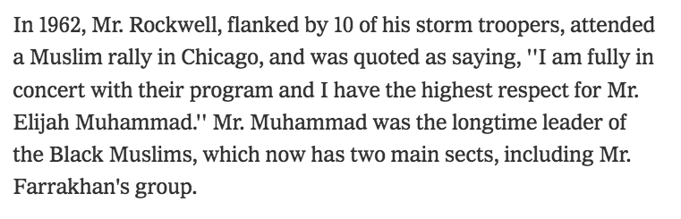 From 1985 NYT article, we see ANP's G. Lincoln Rockwell fully supporting Nation of Islam, similar in manner to Linda Sarsour & other former leaders of Women's March, very likely due to their views on American Jews.