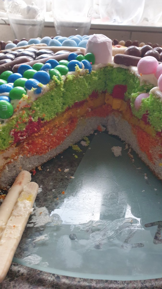 vicpeet's tweet photo. @WhitegateSch @WhitegateLibra1 we have cut it open. Loads of bright marble effect sponge and bright yellow butter icing. https://t.co/45U47xg5jf