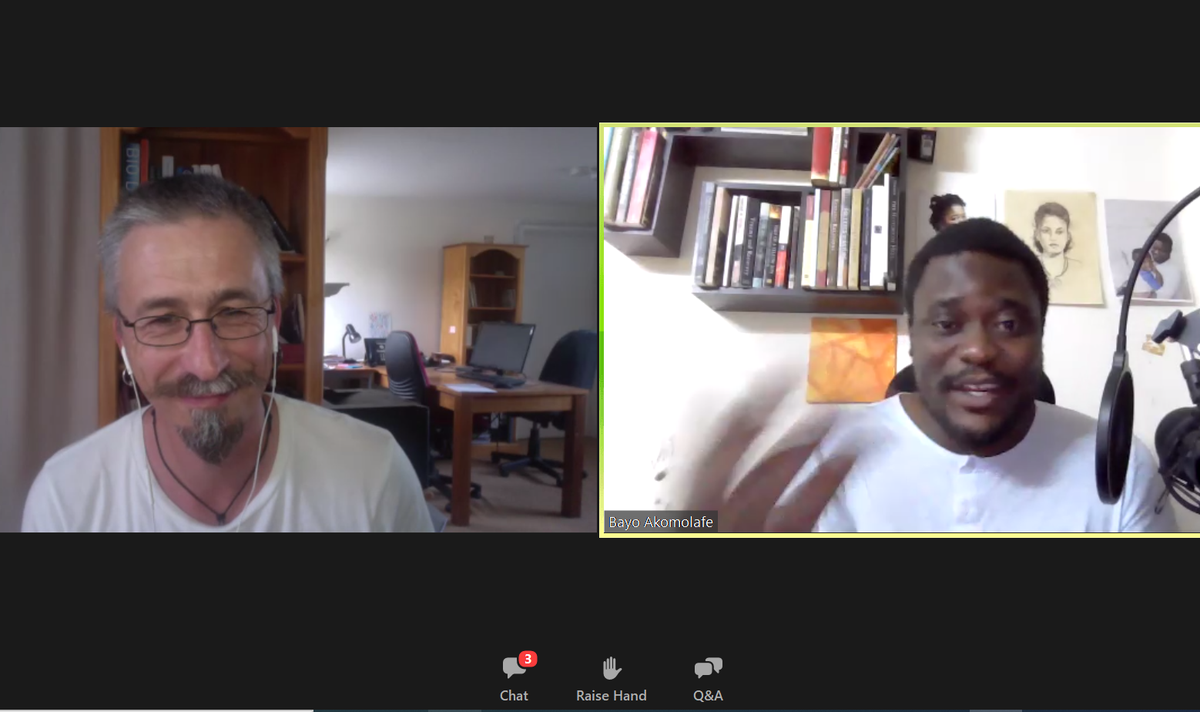 "This virus shows up as an opening of excluded middles, opening questions that we couldn't articulate before,
igniting dissatisfaction with the normal. It's an opportunity for us to shape-shift into something different."
@BayoAkomolafe in tonight's #EarthTalk with <a href="/AndyLetcher/">Andy Letcher</a>