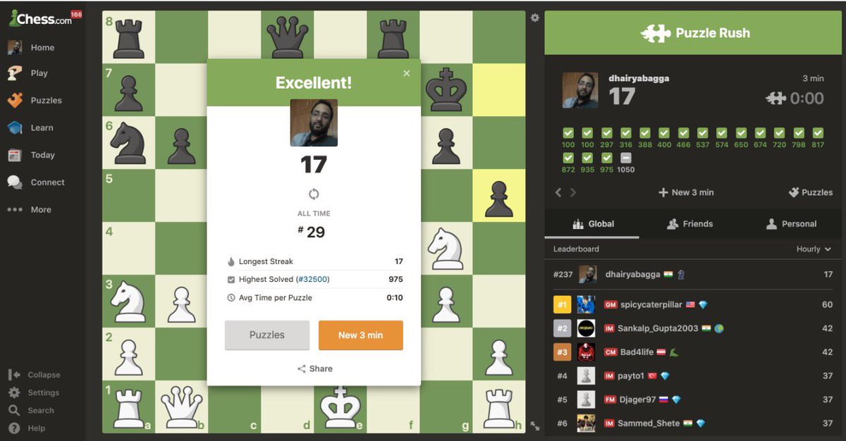 chessyard's tweet photo. Managed to Solve 17 puzzles today in 3 min puzzle rush on @chesscom 
My best so far is 20! Working on it
#NeverGiveUp #beleiveinyourself #chess #ChessOlympiad #chesscom #ChessRush #chessyard @agadmator @STLChessClub @ben_finegold @rajachess @GothamChess @ChessNetwork @FIDE_chess https://t.co/lA09mCwZ8Y