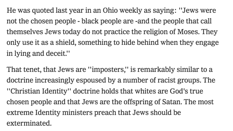 If you were wondering how far back the Black-Hebrew-Israelite movement goes, this same 1985 NYT article shows Farrakhan invoking same ideology, very similar to Christian Identity doctrine of Whites being God's true Chosen people.Today's Left feeds off this negative energy.