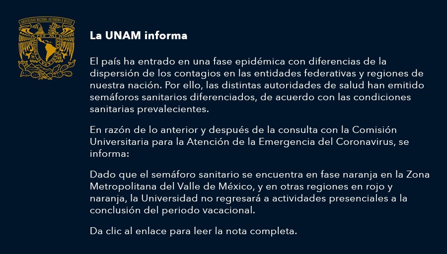 UNAM_MX's tweet photo. #BoletínUNAM La UNAM informa > https://t.co/8gEV97e15C
#SigueCuidándote https://t.co/NRuJ5NVhq7