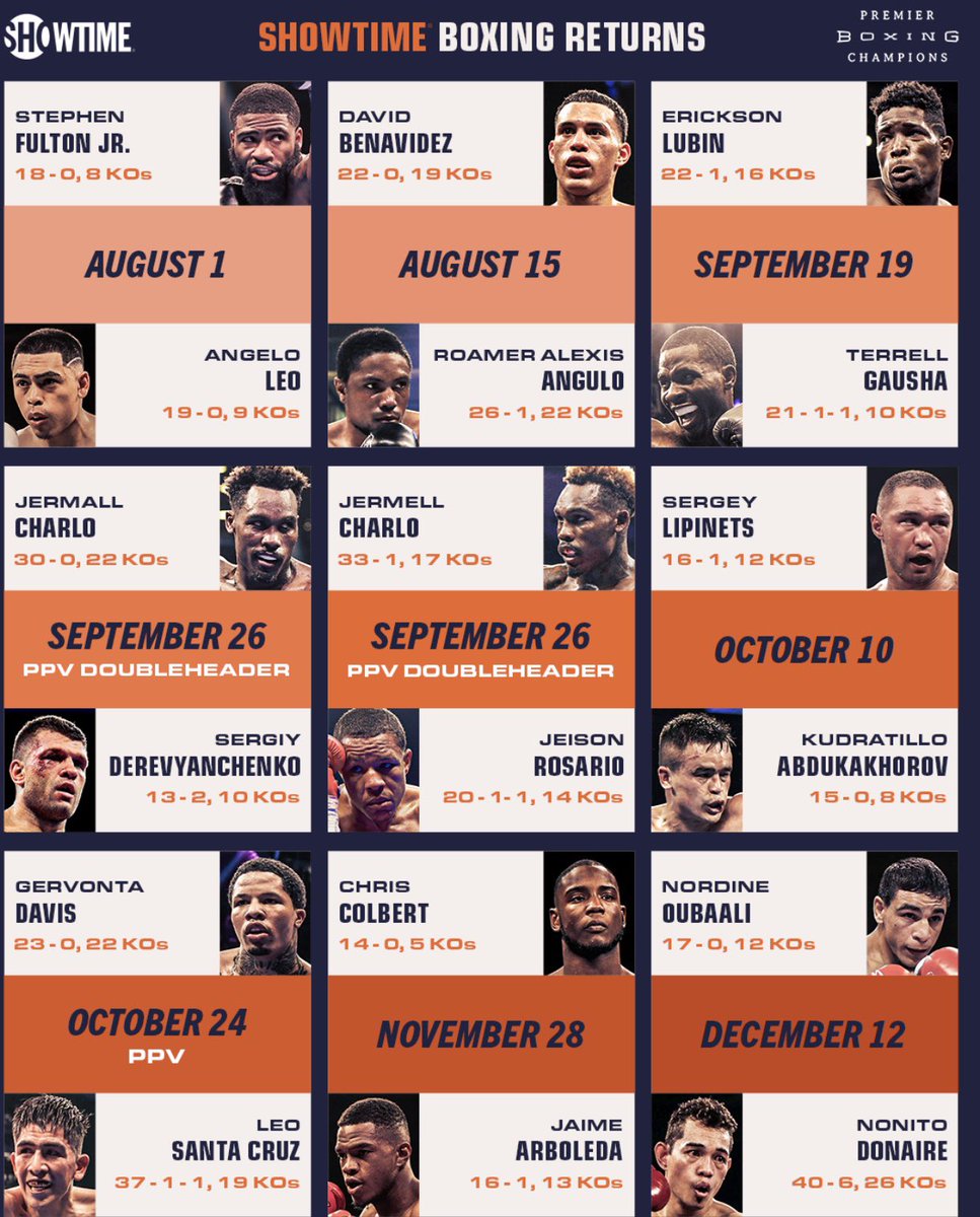 EsmeFerraro's tweet photo. Which one are you most excited about?💥 🥊 #
#boxing #boxeo #PBC #Showtimeboxing #BoxingReturns https://t.co/feg2gpzIsP