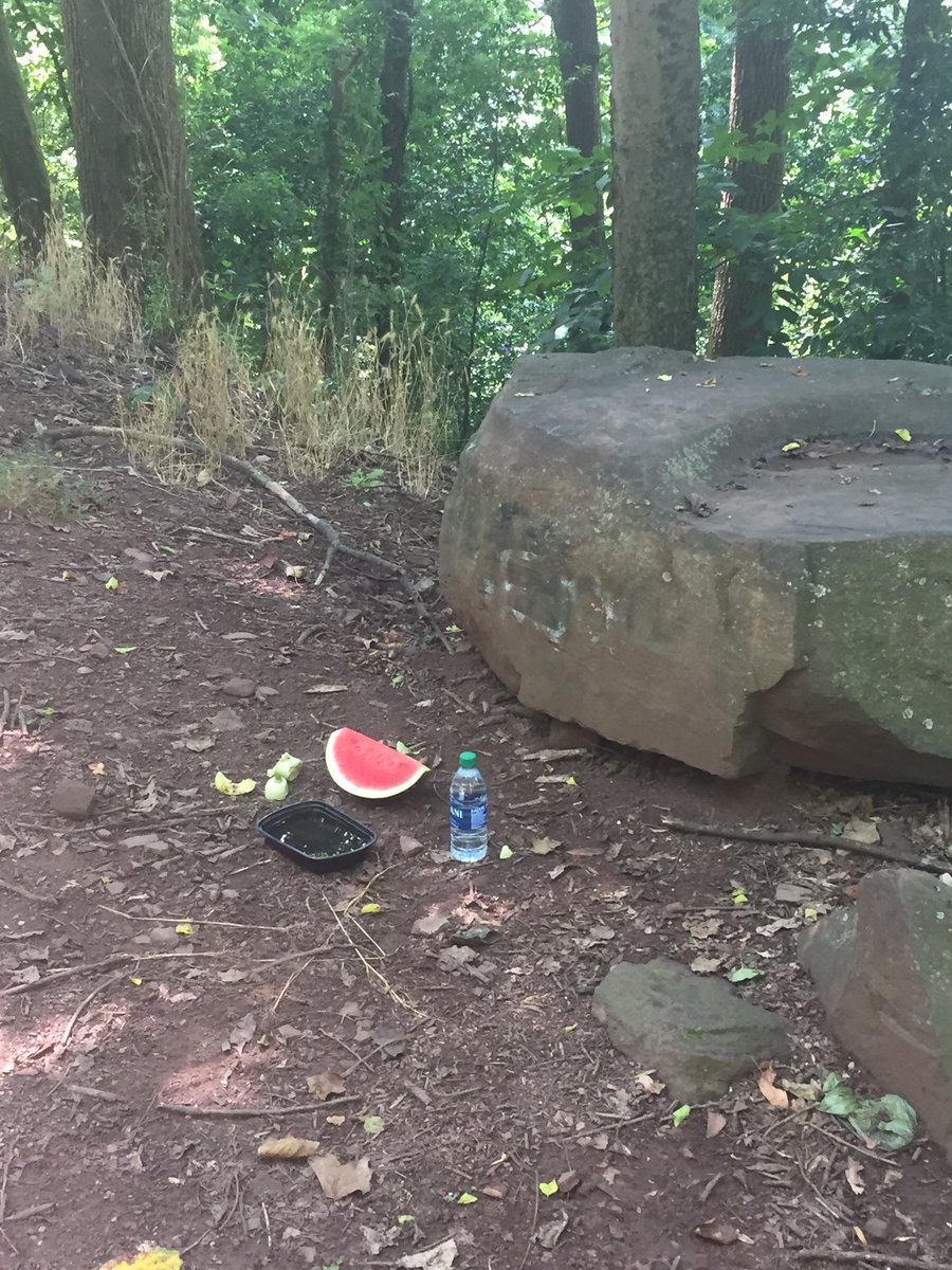 inboxzeroAL's tweet image. Fresh slice of watermelon and water bottle by one of the big rocks on the right at the start of Vulcan trail
