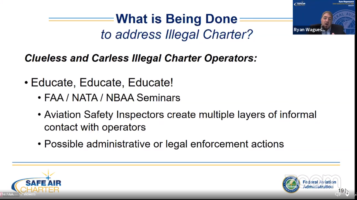 NATAaero's tweet photo. NATA SVP Ryan Waguespack joined the @FAANews & others to discuss what is being done to address illegal charter operations as air charter demand increases for businesses & those with elevated health concerns https://t.co/p13YQZ0YAO #bizav #COVID19 #AvoidIllegalCharter #safecharter https://t.co/WKiF1snpI9