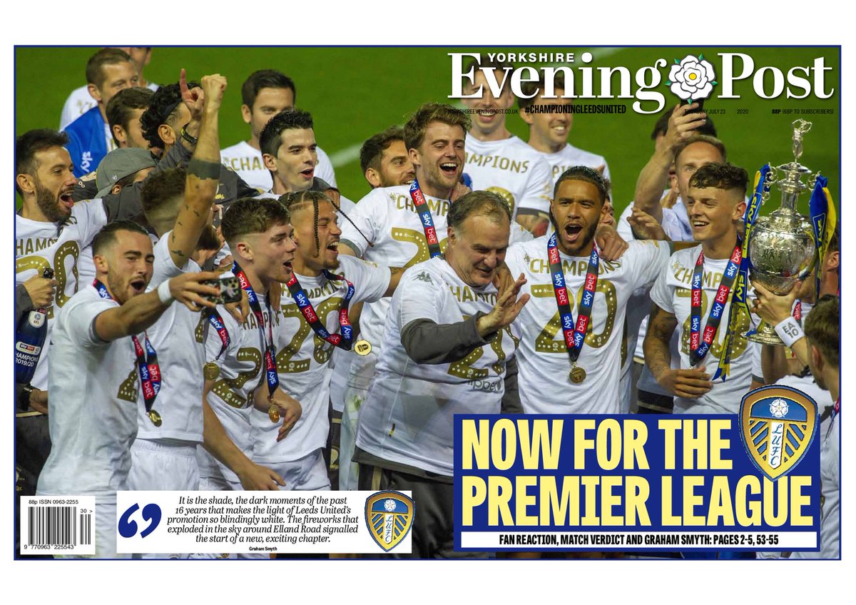 What a day! As our <a href="/GrahamSmyth/">Graham Smyth</a> so eloquently puts: “It is the shade, the dark moments of the past 16 years that makes the light of Leeds United’s promotion so blindingly white.” Here’s a sneak peek of <a href="/LeedsNews/">Yorkshire Evening Post</a> front page for tomorrow 💙💛 #LUFC