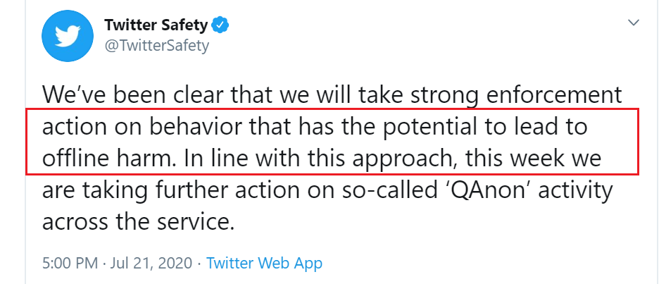 4) In Twitter's thread explaining their new policy of suspending Q-related accounts, they justified the move by insinuating that our movement is prone to violence.