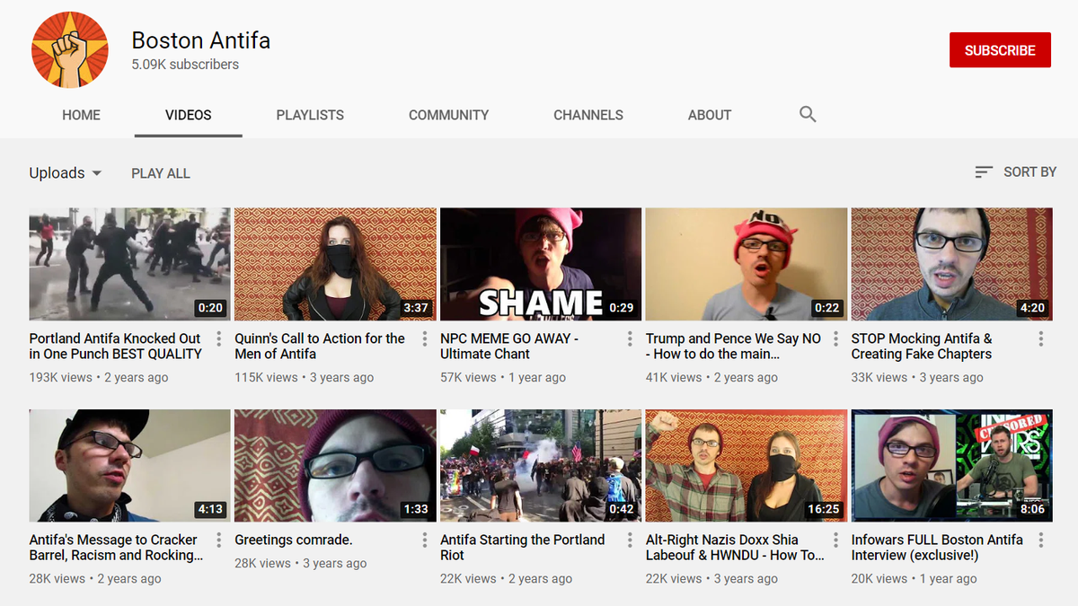 "Boston Antifa", a 5k subscriber account with regular 1-2 hour livestreams where the hosts pretend to be journalists mad at PewdiePie, Games, Trump, and more comedically dead topics. A look at the "most popular" vids show consistent uploads for going on 3 years now!!!