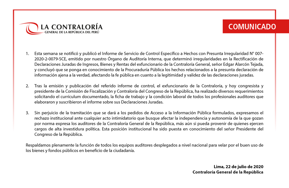 ContraloriaPeru's tweet photo. #ContraloríaInforma Reafirmamos el pleno respaldo a los auditores de la Contraloría ante cualquier acto intimidatorio  que busque afectar la independencia y autonomía para el ejercicio de sus funciones. Lea aquí el siguiente comunicado. @congresoperu https://t.co/NIhLlSj0Tj