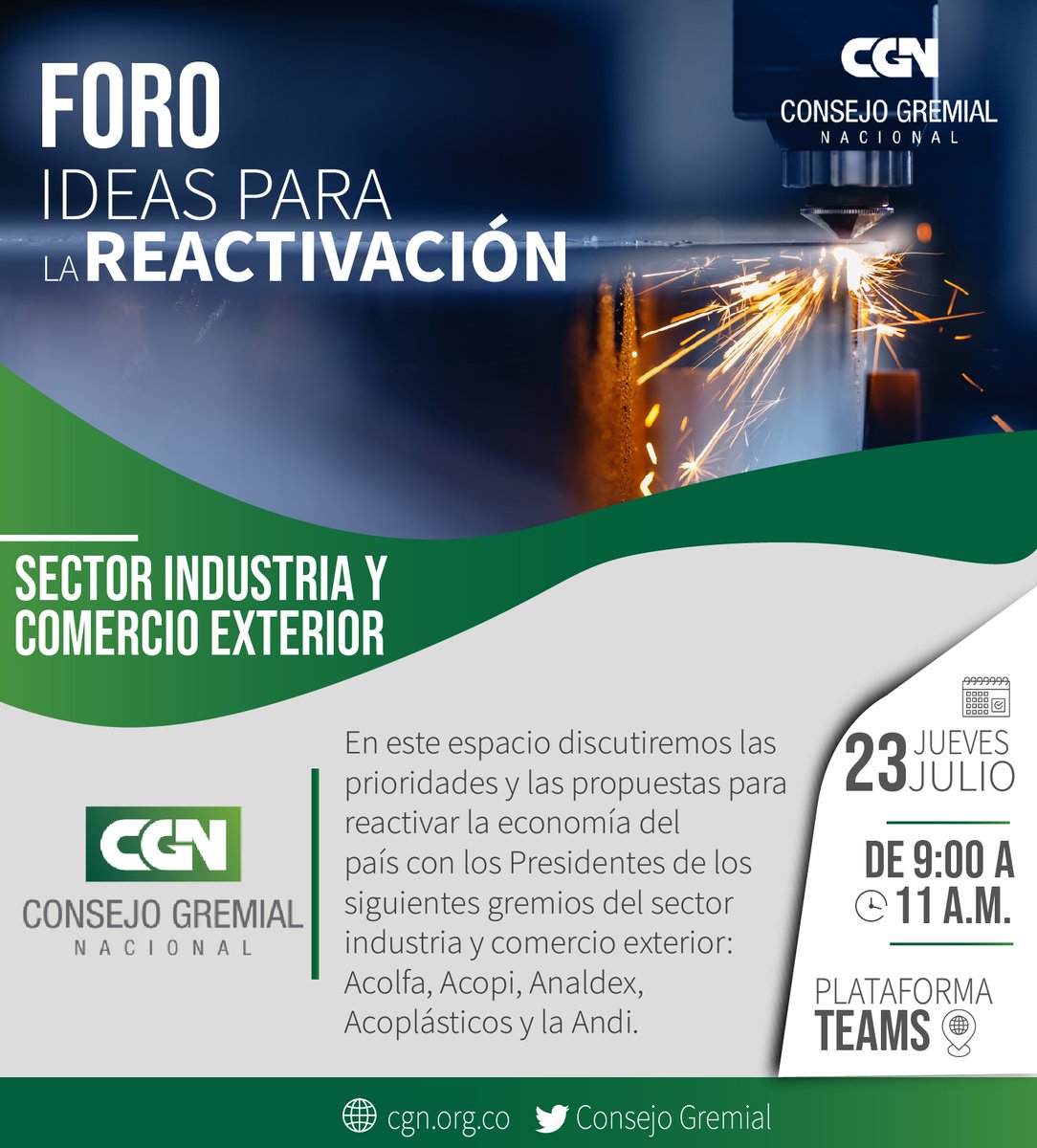 ANDI_Colombia's tweet photo. Mañana, el @ConsejoGremial presenta la primera sesión del foro #IdeasParaLaReactivación con los presidentes de ANDI, #Acolfa, @Acopi_Nacional, @Acoplasticos, y @AnaldexColombia, quienes discutirán sus ideas para reactivar los sectores de industria y comercio exterior. https://t.co/fUKxNHPJxH
