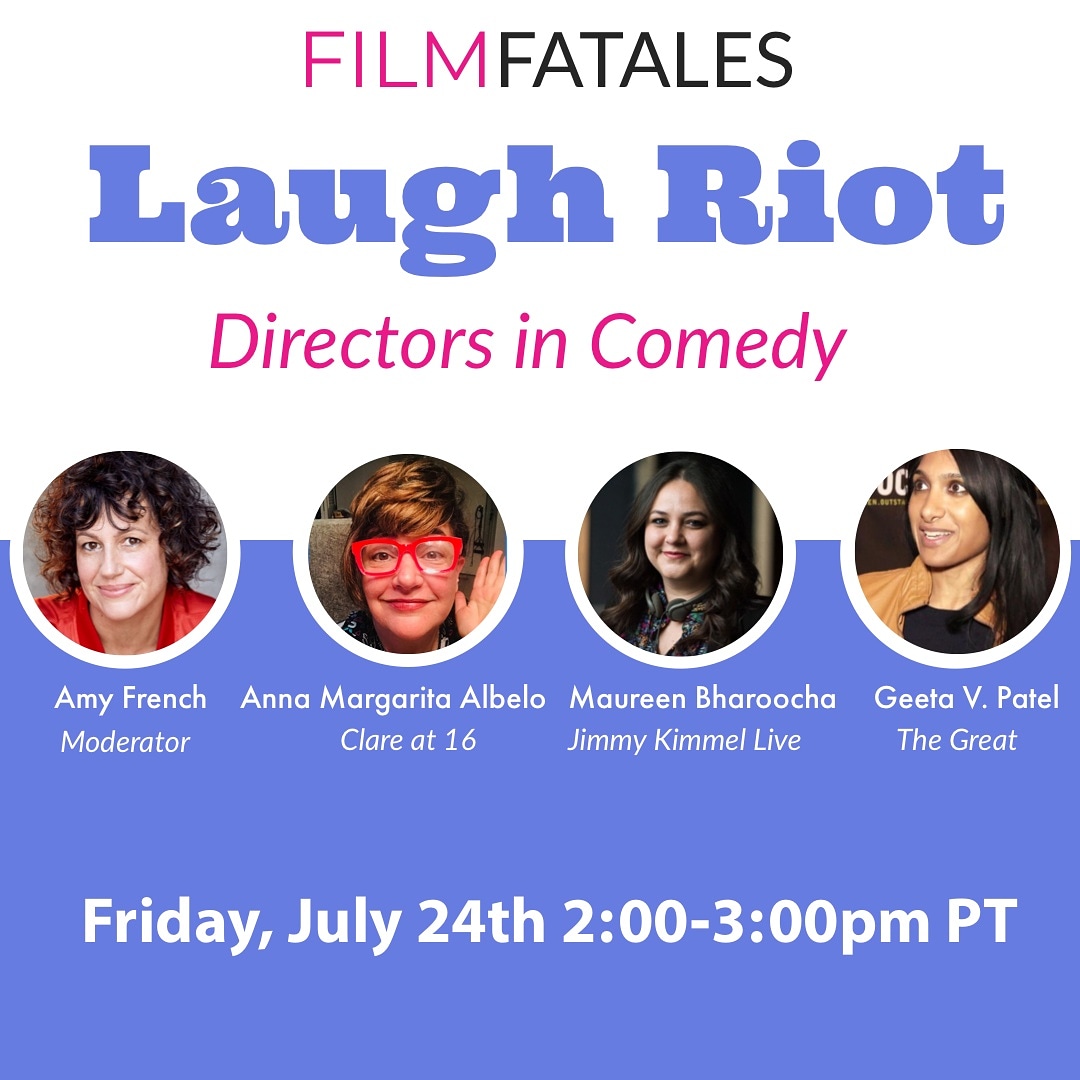 Firecrackerdept's tweet photo. Join @FilmFatalesOrg for Laugh Riot, a webinar discussion with @amyfrenchable @vaginawolf @geetavpatel @mbharoocha on 7/24 at 2pm PT. 

RSVP: https://t.co/8uksw1CLmg 

#LaughRiot #FilmFatales #ComedyDirectors #WomenDirectors https://t.co/NDreyH6Krl