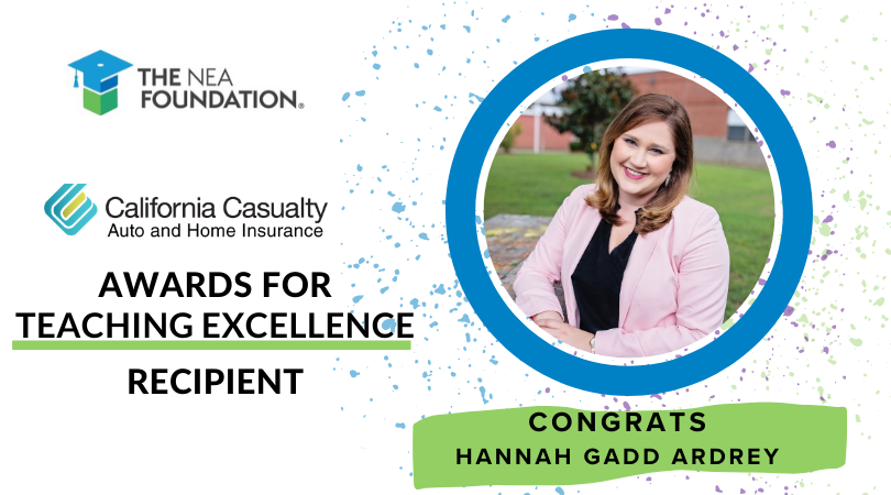 Hannah Gadd Ardrey, of Lafayette Schools in Oxford, MS, is one of 46 public school educators who will receive the prestigious California Casualty Award for Teaching Excellence at the NEA Foundation’s Salute to Excellence in Education Gala next February.

lafayettecsd.ss16.sharpschool.com/cms/One.aspx?p…