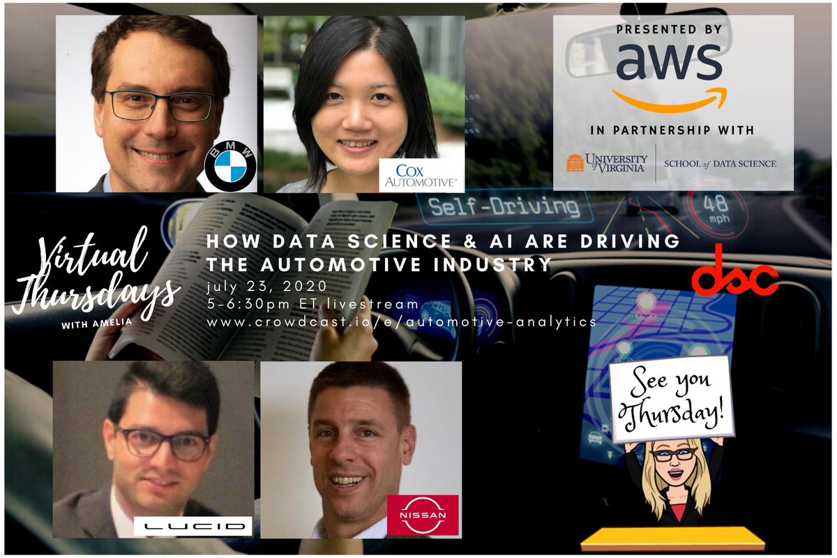 uvadatascience's tweet photo. Join @DataSciConnect and the School of Data Science for #VirtualThursday tomorrow at 5PM! #automotiveanalytics professionals from @BMW @CoxAutomotive @LucidMotors @NissanUSA will discuss how data science and #AI are driving the automotive industry.
https://t.co/YPXaTaHg17 https://t.co/iuQMsTTnLt