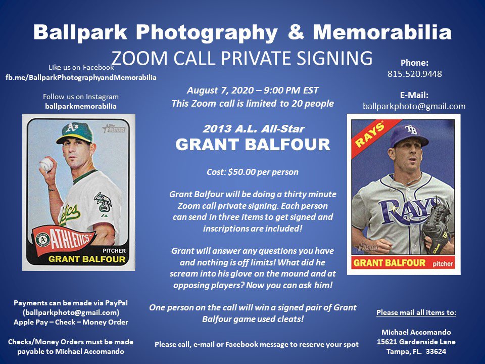BallparkPhotog1's tweet photo. GRANT BALFOUR 
ZOOM CALL PRIVATE SIGNING

August 7, 2020 – 9:00 PM EST

This zoom autograph signing with 2013 American League All-Star, Grant Balfour, is limited to twenty people.

Cost: 
$50.00 per person https://t.co/5f7IKBfb9v