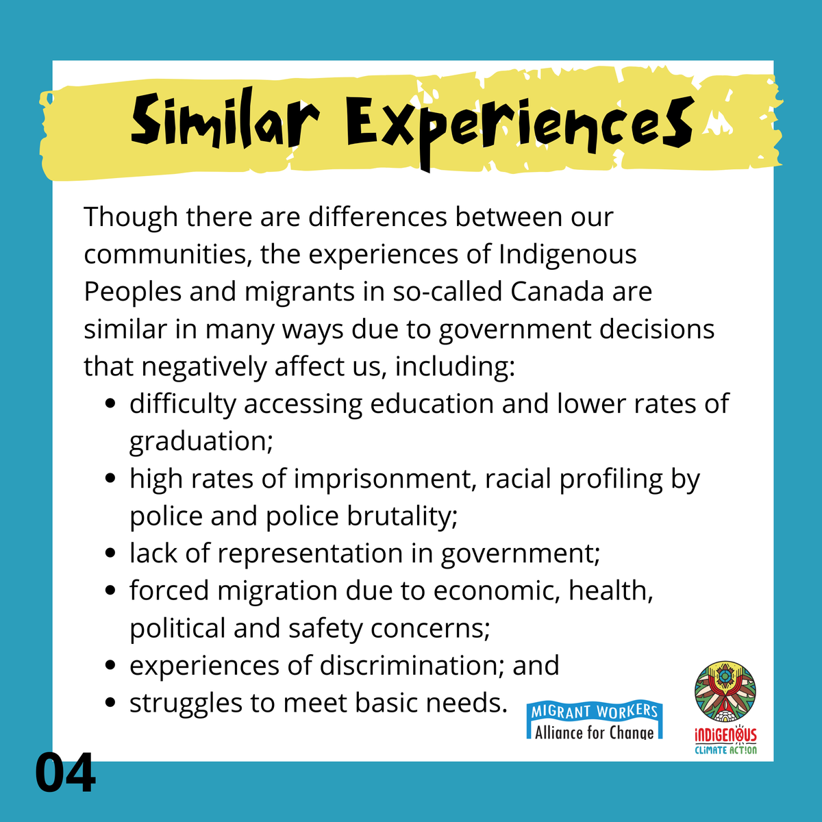 Though there are differences between our communities, the experiences of Indigenous Peoples and migrants in so-called Canada are similar in many ways due to government decisions that negatively affect us (4/9)