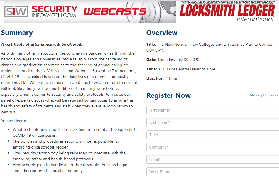 dormakabaAMER's tweet photo. Join us as our panel of experts discuss what will be required by campuses to ensure the health and safety of students and staff when they eventually do return to campus.  

July 30
1 pm ET

Register now: https://t.co/bdMSxwjAgR

#elearning #webinar #accesscontrol #collegereopen https://t.co/RIoOnM98Pw