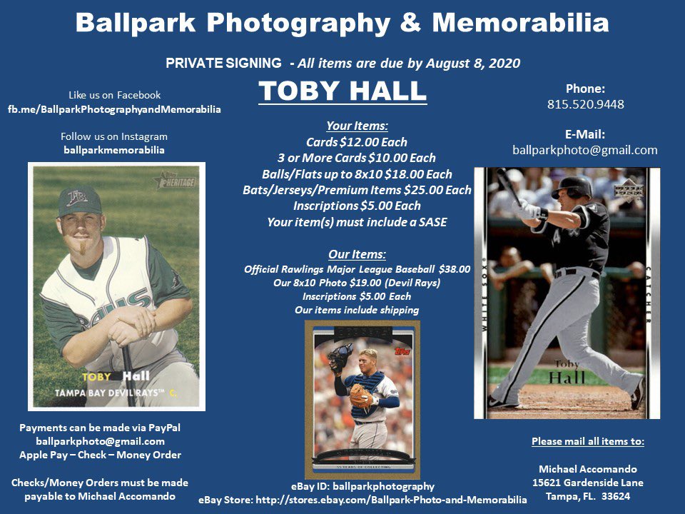 BallparkPhotog1's tweet photo. We are proud to announce a Private Signing with former Devil Ray, Dodger and White Sox, Toby Hall! https://t.co/Z8JI1bSJPL