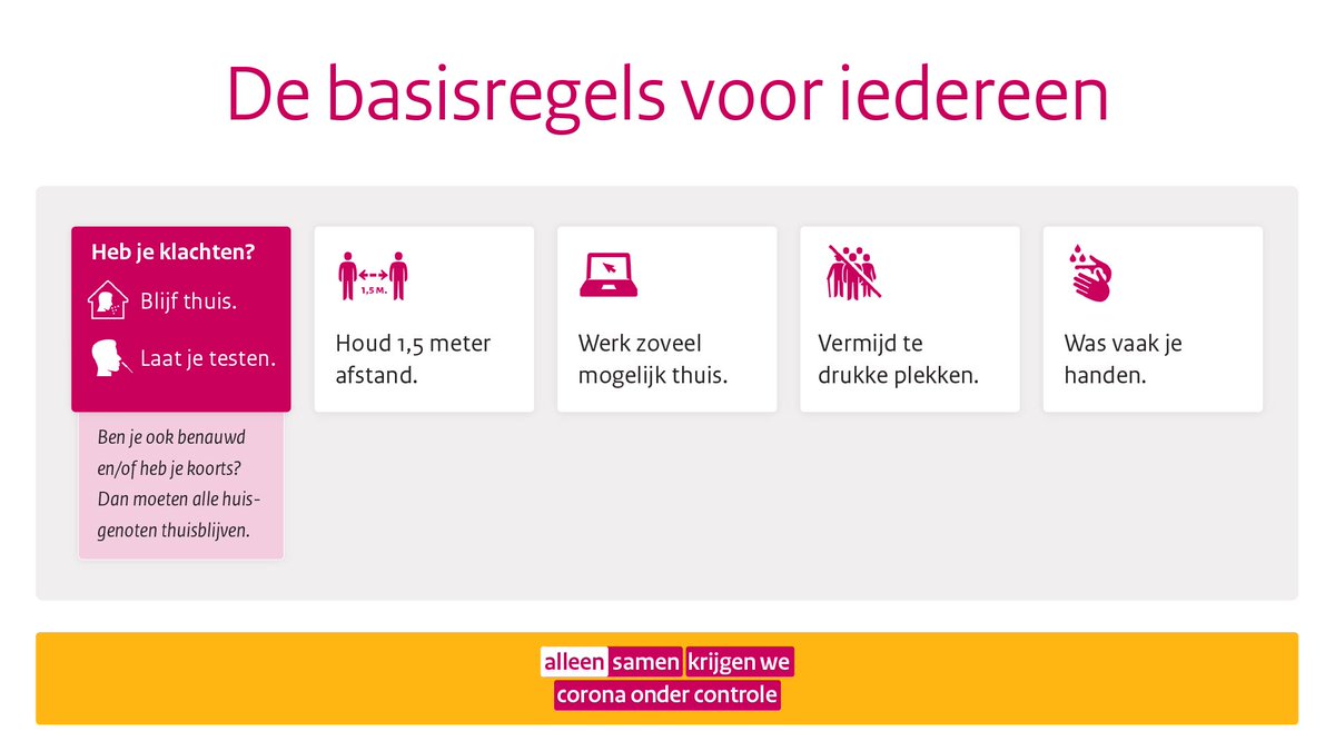 Wij zijn misschien wel klaar met het virus, maar het virus helaas nog niet met ons. De basisregels zijn er niet voor niets. Dus: hou je eraan &amp; spreek elkaar aan, want samen vormen we de dijk die een tweede golf kan keren. Bescherm jezelf, bescherm elkaar! rijksoverheid.nl/binaries/rijks…