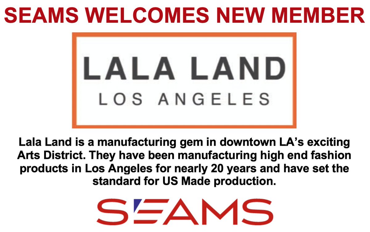 SeamsAssoc's tweet photo. Welcome new @SeamsAssoc member LaLa Land Production and Design. Lala Land is a manufacturing gem in downtown LA’s exciting Arts District.
For any inquiries please contact info@lalaland-design.com.
Learn more: https://t.co/KbvGT5wo0B
#MadeinAmericaPPE #SEAMS #Apparel https://t.co/8A1ihXD9uh