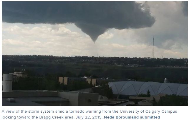 weather_history's tweet photo. July 22, 2015: A tornado was confirmed near the village of Priddis, Alberta, 25 miles southwest of Calgary. Video evidence helped Environment Canada to confirm the brief touchdown, but they did not give it a rating. #wxhistory https://t.co/7HQbh0vfX7 https://t.co/ku4ZJjrZJn
