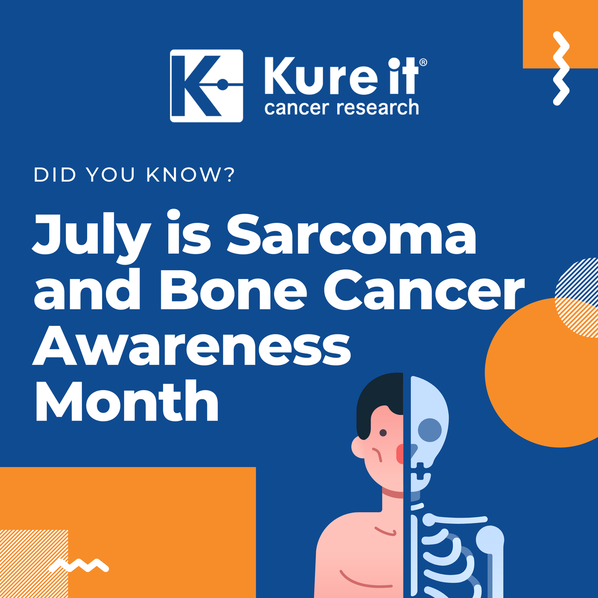 kureit's tweet photo. Did you know July is Sarcoma and bone cancer awareness month! Kure It has funded cancer research projects for Chondrosarcoma (Bone &amp; Soft Tissue), and Ewing Sarcoma. Together we can eradicate cancer! #forakure #kureit #cancerresearch #sarcoma #bonecancer #kureitcancerresearch https://t.co/SaYkfwATdr
