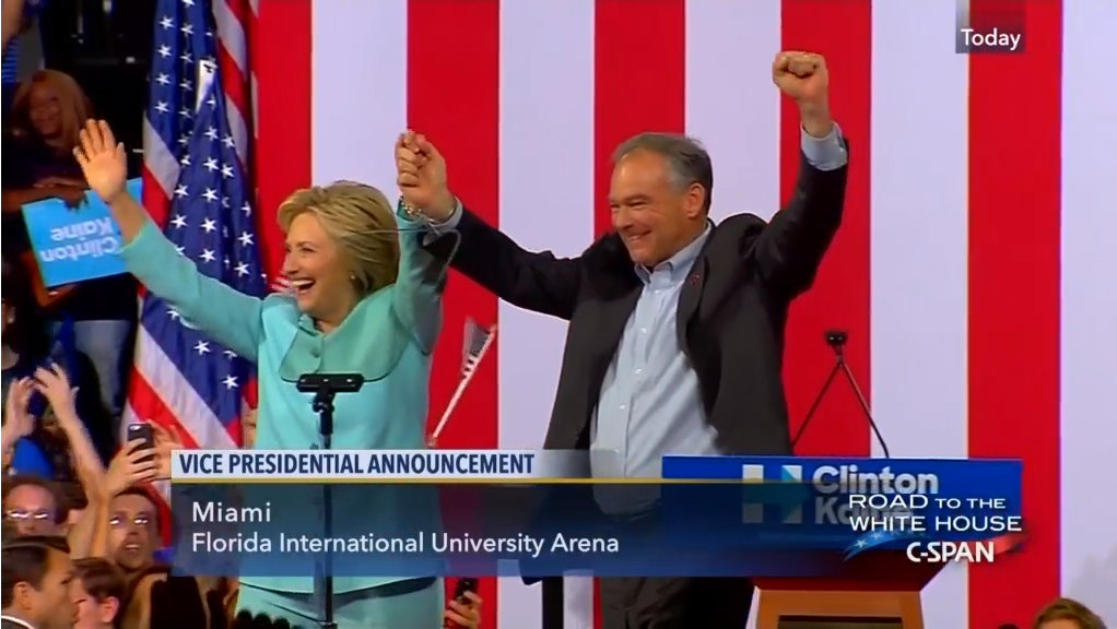 Four years ago this evening, Hillary Clinton announced by text message that Tim Kaine was her running mate.  https://www.bloomberg.com/news/articles/2016-07-23/clinton-picks-kaine-as-vp-in-move-toward-center-for-electionThey appeared together the next day in Miami. https://www.c-span.org/video/?413100-1/hillary-clinton-campaigns-miami-running-mate-senator-tim-kaine