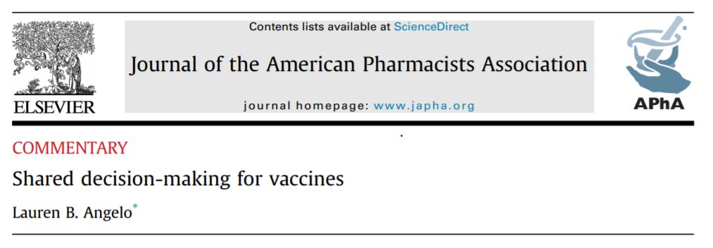 JAPhAJournal's tweet photo. IN PRESS: Shared decision-making for vaccines presents additional opportunities for #pharmacists and student pharmacists to actively engage patients in determining what vaccines they need and which
ones to consider. #vaccination 

https://t.co/FLwlHESHc8 https://t.co/TRvxtEpPfs