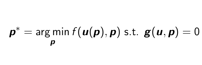 PDE-constrained optimization is often formulated as shown here. The goal is to use gradient-based optimization to minimize an objective function, f. The problem is that f depends implicitly on the solution u to a system of possibly non-linear equations, g=0. Oh no!2/