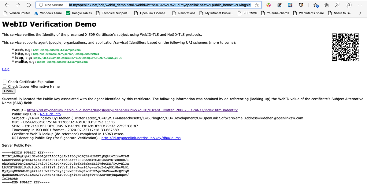 kidehen's tweet photo. Successful verification of my #WebID that resolves to an #HTML doc comprising a #StructuredData island (in the form of a Credentials #KnowledgeGraph) deployed via <script/>.
https://t.co/o1FaLTSpPZ
#PasswordLess #WebIDTLS #PKIX #Identity #Privacy #WebIDProfile #RDF #LinkedData https://t.co/fllY0V09Ay