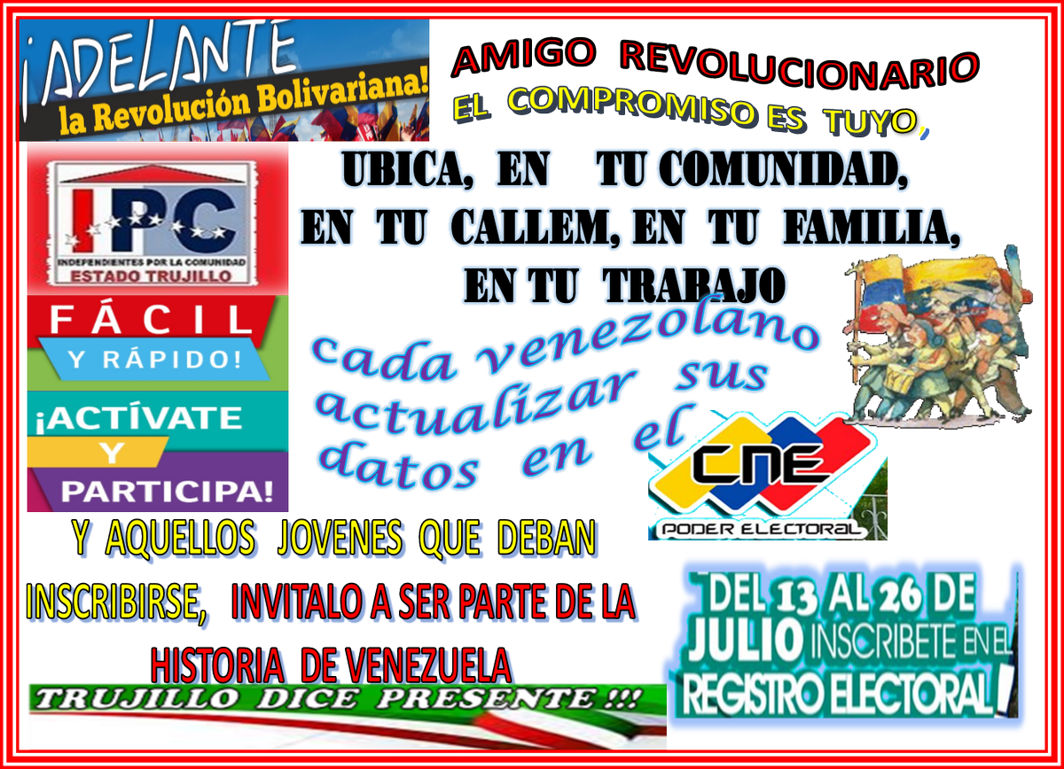 #IPCNTRUJILLO #LaVozDeHugbelRoa <a href="/PartidoPSUV/">PSUV</a> <a href="/TareckPSUV/">Tareck El Aissami</a> @Iroschima_JPSUV <a href="/LaHojillaenTV/">La Hojillaen</a> <a href="/Gerardo4fPsuv/">Gerardo Márquez</a> <a href="/gestionperfecta/">Carmen Meléndez</a> 
<a href="/jaarreaza/">Jorge Arreaza M</a> <a href="/dcabellor/">Diosdado Cabello R</a> <a href="/NicolasMaduro/">Nicolás Maduro</a> <a href="/RangelSilva4F/">Rangel Silva</a> <a href="/LaVozHugbelRoa/">La Voz Hugbel Roa</a> <a href="/hugbelpsuv/">Hugbel Roa</a> <a href="/ConCiliaFlores/">Cilia Flores</a> <a href="/HectoRodriguez/">Héctor Rodríguez C.</a> <a href="/gestionperfecta/">Carmen Meléndez</a> <a href="/ErikaPSUV/">Erika Farías Peña</a> <a href="/JacquelinePSUV/">Jacqueline Faria</a>
