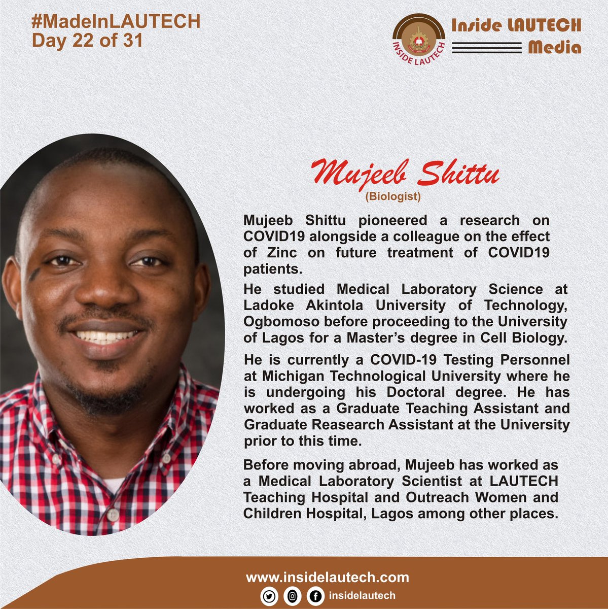 NYSCbro's tweet photo. Day 22 of 31 - @MujeebShittuO pioneered a research on the prospects of Zinc on future works at finding the cure of COVID19. He's a MLS Graduate of LAUTECH. #madeinLAUTECH #proudlyLadokite #insideLautech https://t.co/IhSDjr37AT