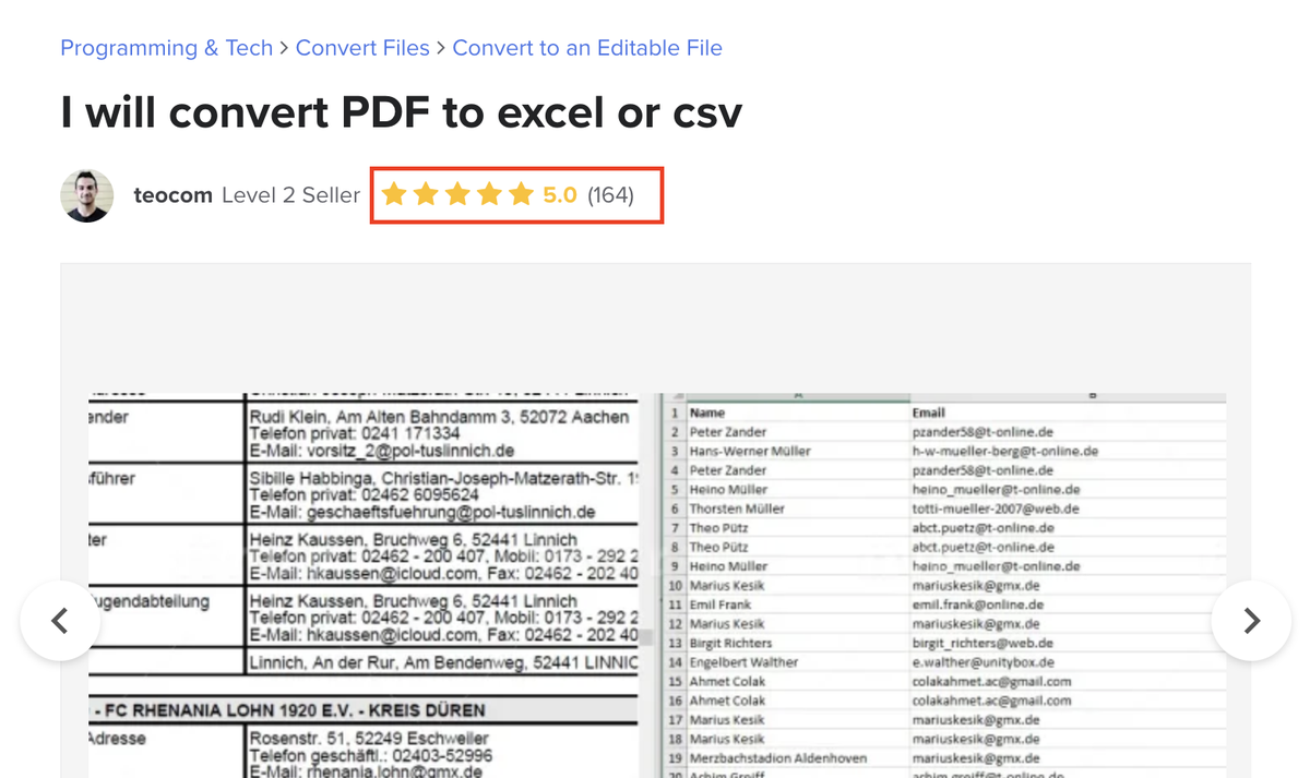 2/ Here's one such gig:  http://shorturl.at/tvC46  making a good chunk of change by simply converting PDFs to Excel.This can be achieved with  #nocode tool  @mailparser. In fact  @mailparser has a tutorial on  @makerpad showing exactly how to achieve this:  http://shorturl.at/htzDV .