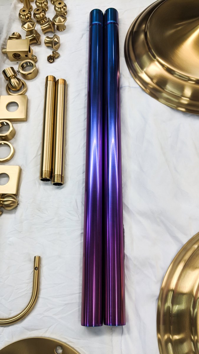 richtercoatings's tweet photo. A pair of #forktubes out of our blue-purple #rainbowpvd chamber mixing it up with a variety of #bathroomfixtures done in our #decorativebrass PVD. Both grab praise in their respective environments. ๐
#richterprecision #motocross #pvdcoating #mx #sx #enduro #bathroom https://t.co/Ga6SEOIr04
