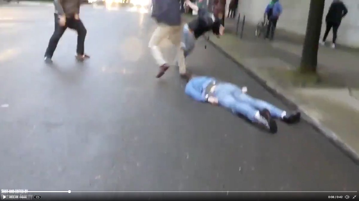 Watch what he does.Kicks the kid's leg out from under him so hard that the kid falls over.Smooth as silk.