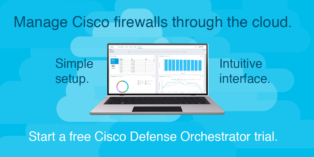 CiscoSecure's tweet photo. Ever wished you had a firewall “easy button?” Cisco Defense Orchestrator reduces time spent managing Cisco firewalls by up to 90%. (ASA, FTD, Meraki MX and more) See for yourself with a 30-day free trial. #CDO https://t.co/P0s9WNDbep https://t.co/wGSnwCjK4q