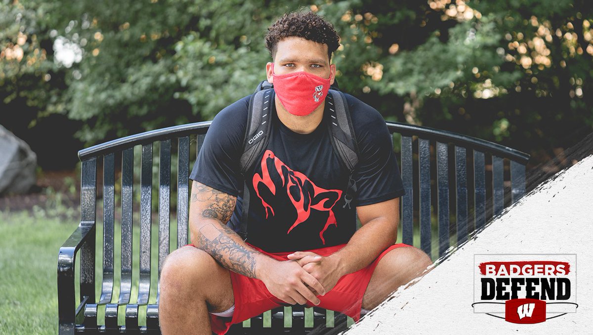 BadgerFootball's tweet photo. As Badgers, we know all about how to stop an opponent... even one as ruthless as COVID-19

😷 Wear a mask in public spaces
🤲 Wash your hands regularly
 ↔️ Physically distance 6 feet

#BadgersDefend https://t.co/c6K8AeufZu