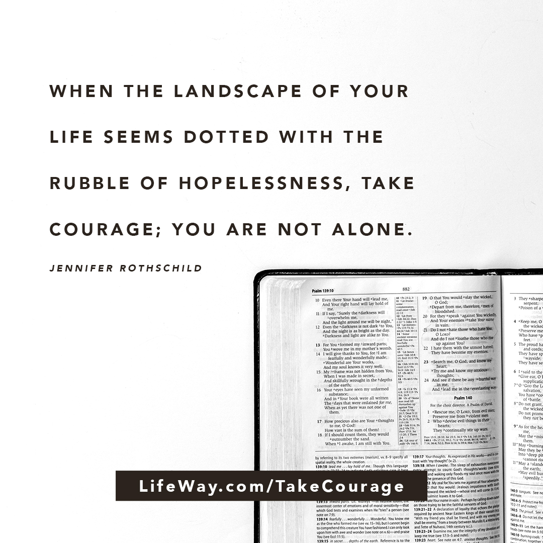 LifewayWomen's tweet photo. "When the landscape of your life seems dotted with the rubble of hopelessness, take courage; you are not alone." - @jennrothschild in her new Bible study, Take Courage.
Learn more at https://t.co/buavRHm2b6
#TakeCourageStudy https://t.co/V8OSopl2Yu