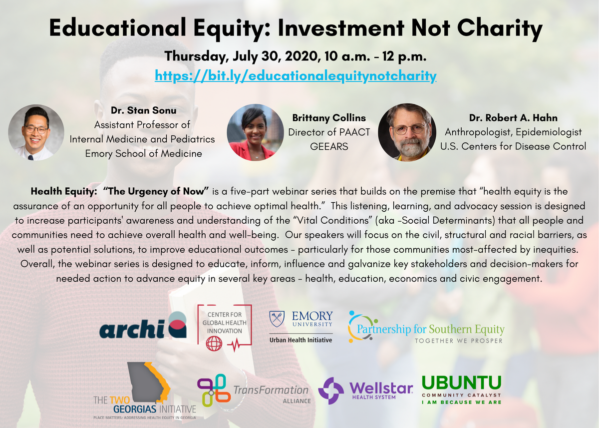 Partnership for Southern Equity (@psequitymatters) on Twitter photo Our children don’t need charity. They need investments that ensure full access to an excellent education, which is a principle of #justhealth. Join <a href="/GEEARS/">GEEARS: GA Early Ed Alliance for Ready Students</a>, <a href="/stansonu/">Stan Sonu, MD MPH</a>, and Dr. Robert A. Hahn for “Educational Equity: Investment Not Charity”, 7/30, 10a! bit.ly/educationalequ… Our children don’t need charity. They need investments that ensure full access to an excellent education, which is a principle of #justhealth. Join <a href="/GEEARS/">GEEARS: GA Early Ed Alliance for Ready Students</a>, <a href="/stansonu/">Stan Sonu, MD MPH</a>, and Dr. Robert A. Hahn for “Educational Equity: Investment Not Charity”, 7/30, 10a! bit.ly/educationalequ…