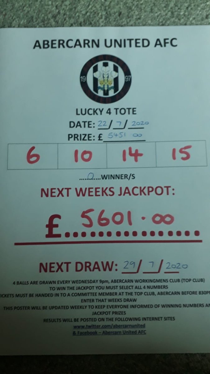 AbercarnUnited's tweet photo. ***Tote Result 22/07/20***

6.. 10.. 14.. 15

No Winners

Next weeks Jackpot = £5,601

#AUFC https://t.co/ZFIXkTlfkn