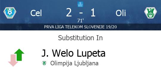 PrvaLigaEN's tweet photo. [71'] SUBSTITUTION IN - J. Welo Lupeta (Olimpija Ljubljana) - Celje v Olimpija Ljubljana  - https://t.co/nlT69eDgb7 https://t.co/CRYULll32A