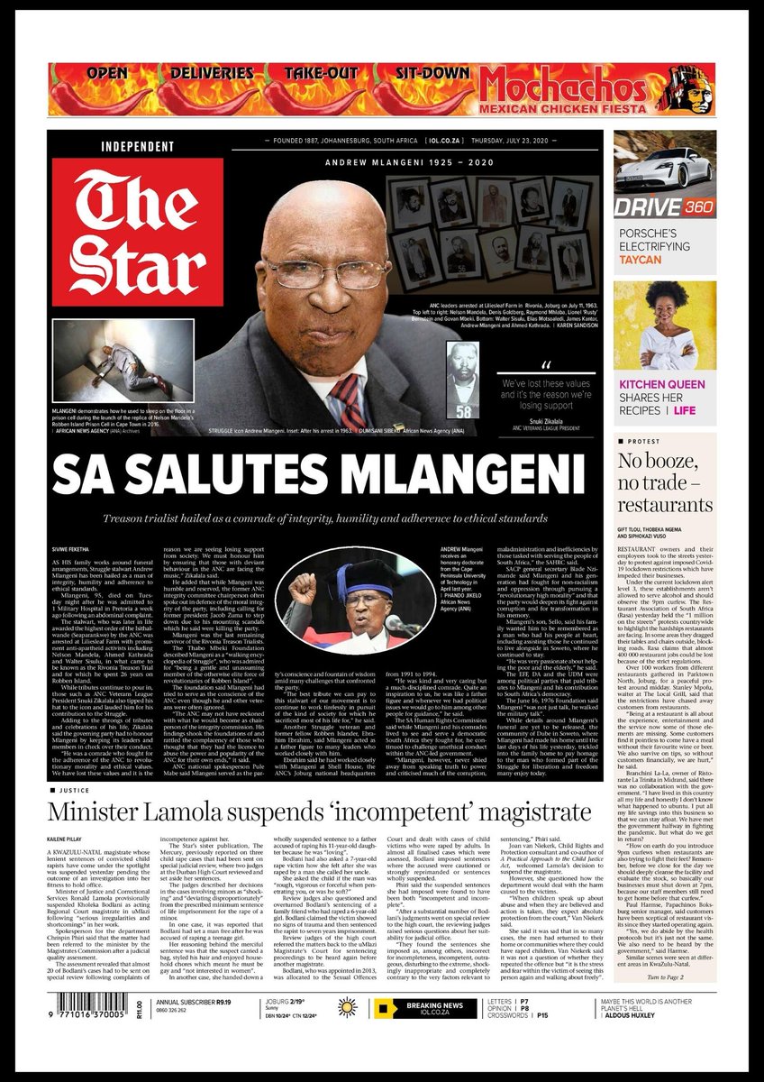 TheStar_news's tweet photo. In #TheStarNews today: SA salutes Mlangeni #RIPAndrewMlangeni; Minister Lamola suspends ‘incompetent’ magistrate; Kitchen Queen shares her recipes; No booze, no trade – restaurants #RestaurantProtest; Top 10 drinking nations in Africa and more: https://t.co/SxMlJJfo4p