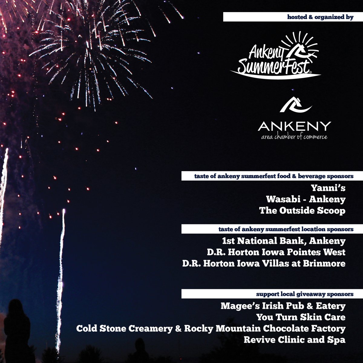 Ank_SummerFest's tweet photo. It wasn't the summer celebration we wanted, but we sure appreciate everyone coming together to Celebrate Ankeny. 

Thank you to these sponsors who stepped up this summer to make this month's celebration possible especially our Presenting &amp; Fireworks Sponsor: @KarlChevrolet https://t.co/8y094MXAAQ