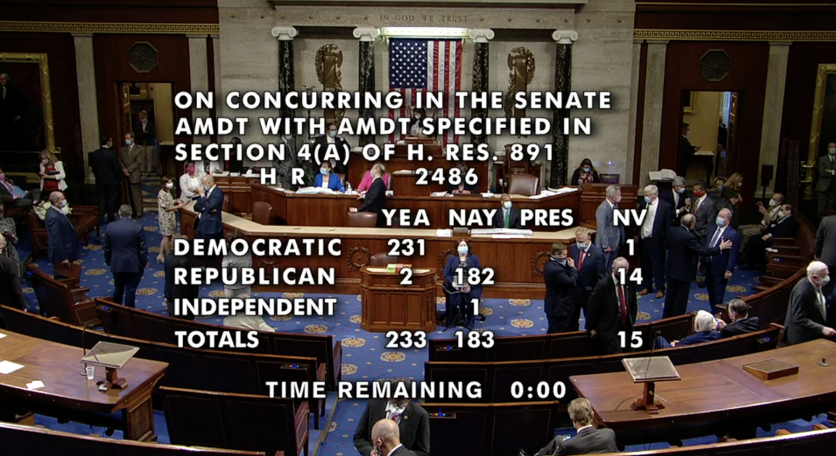 Screenshot of the House floor showing the final vote: 233-183.
