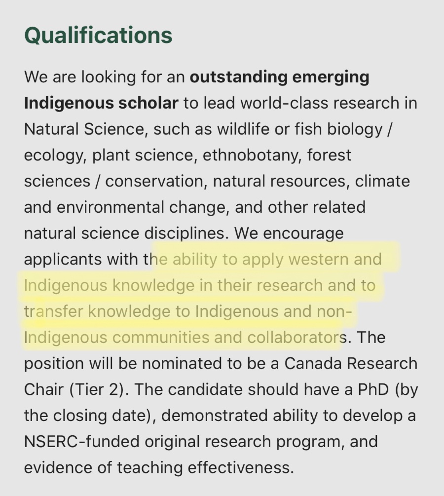 And since we’re talking about my university, here is Colin Wright attempting to critique a recent job ad from my institution’s Faculty of Forestry. I’ve included my own screen cap with some crucial points from the ad that Colin left out.