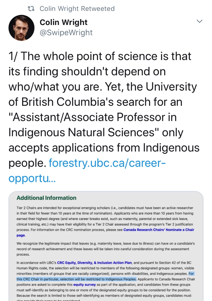 And since we’re talking about my university, here is Colin Wright attempting to critique a recent job ad from my institution’s Faculty of Forestry. I’ve included my own screen cap with some crucial points from the ad that Colin left out.