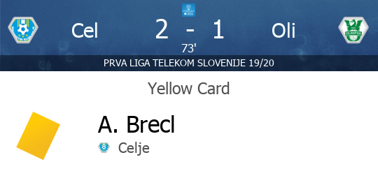 PrvaLigaEN's tweet photo. [73'] YELLOW CARD - A. Brecl (Celje) - Celje v Olimpija Ljubljana  - https://t.co/nlT69eDgb7 https://t.co/OFs6RggQ3K