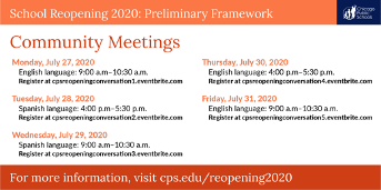 Please join us at a <a href="/ChiPubSchools/">CPS - Chicago Public Schools</a> Reopening community meeting next week! We need your voices and feedback. Sessions in English and Spanish. #CPSBoard #OurKids

…reopeningconversation1.eventbrite.com
…reopeningconversation2.eventbrite.com
…reopeningconversation3.eventbrite.com
…reopeningconversation4.eventbrite.com
…reopeningconversation5.eventbrite.com