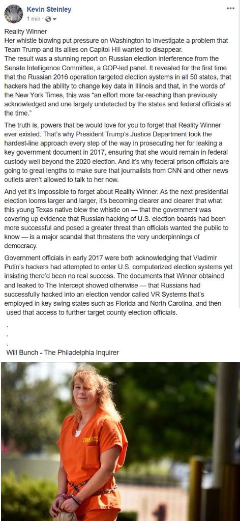 kevinsteinley's tweet photo. @HamillHimself @WendyMeer11 #FreeRealityNow She blew the whistle on the government  covering up evidence that Russian hacking of U.S. election boards had been more successful and posed a greater threat than officials wanted the public to know, it is a scandal that threatens the underpinnings of democracy https://t.co/djLP6KzGDo