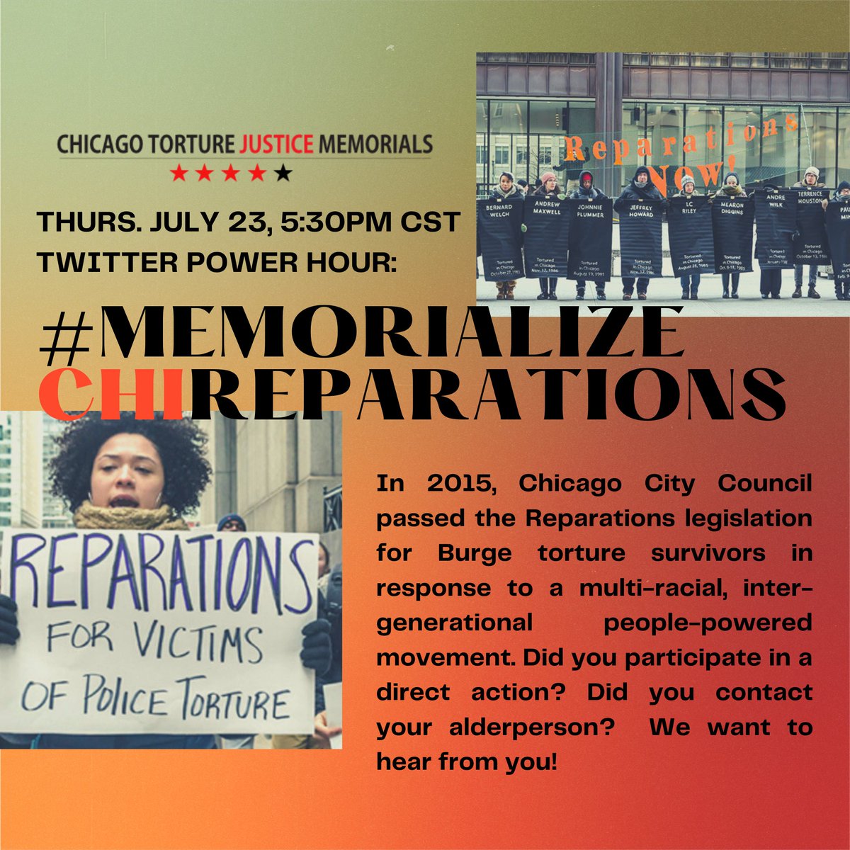 ChicagoTorture's tweet photo. Coinciding with the webinar, we'll be hosting a virtual reflection on here. Chicago City Council passed the Reparations legislation, but only in response to our multiracial, intergenerational, people-powered movement. #MemorializeChiReparation also means remembering the struggle. https://t.co/7ZwFDkAZZE